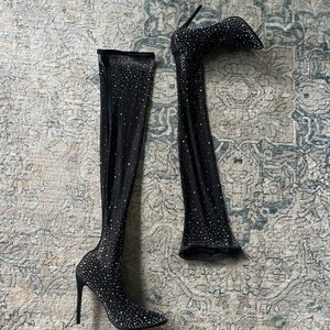 Thigh high rhinestone mesh heels